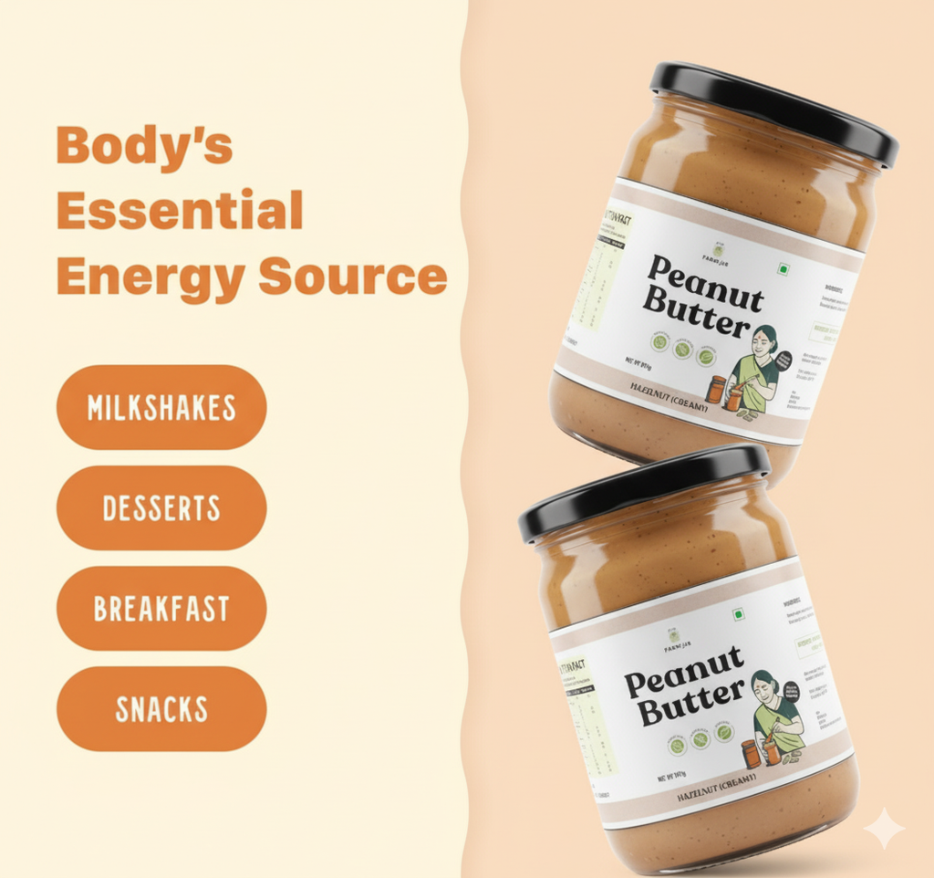 Two jars of peanut butter with a label on a beige background, featuring text about peanut butter's uses.